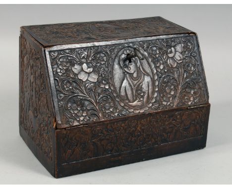 A PERSIAN QAJAR CARVED WOOD STATIONARY BOX, well carved with hunting scenes, Nasir Al-Din portrait and figures in a garden, i