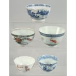 FOUR CHINESE PORCELAIN CUPS, various sizes, together with another blue and white bowl (af), (5).