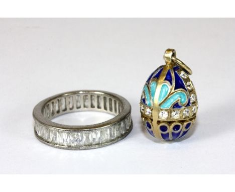 .925 silver and baguette stone set full eternity ring + enamelled gilt Faberge style egg pendant