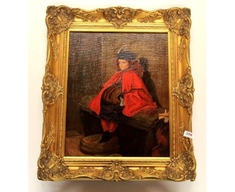 Gilt framed oil on canvas of a girl in a red cloak (57cm x 67cm)