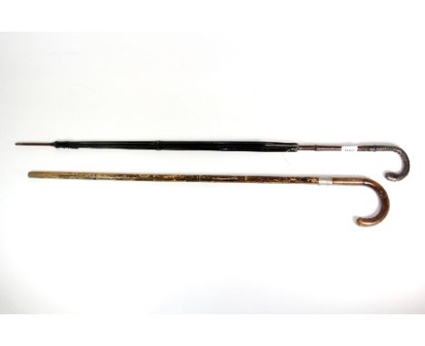 Hallmarked silver handled parasol frame + silver mounted walking stick