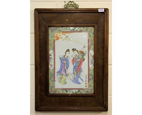 A fine quality 19thC Chinese hand painted porcelain panel mounted in a carved hardwood frame A/F 52cmx74cm