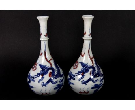 Pair of Chinese hand painted porcelain bottle vases. Mid 20thC H:16cm