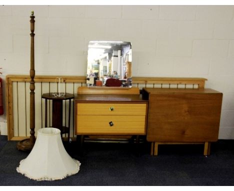 1970s drop leaf teak dining table, dressing table, oak table and standard lamp