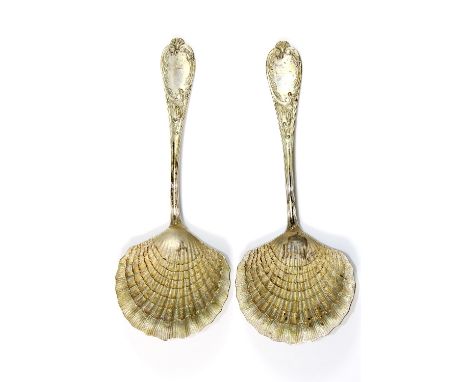Pair of heavy quality (Tested Silver) serving spoons with scalloped bowls L:21cm