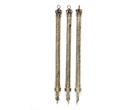 Judaic interest - 3 matching white metal Torah pointers L:21cm (tested silver)