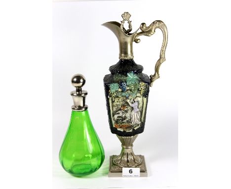 An Italian hand painted porcelain and silver plated wine jug H:34cm + Silver plated topped decanter
