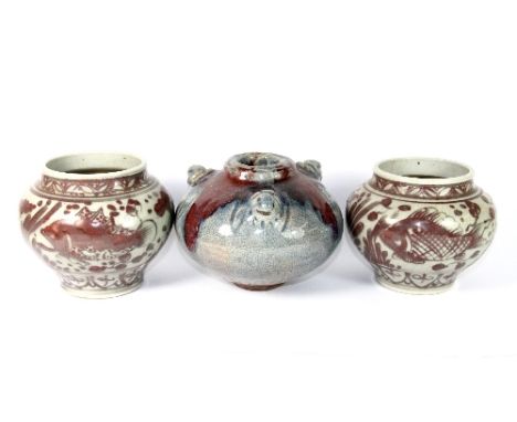 A pair of Chinese bowls with underglaze iron red decoration H:13cm and a Zhun ware glazed porcelain bowl H:13cm