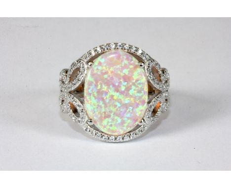 .925 silver faux opal and stone set ring (N)