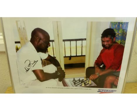 CRICKET, signed colour print by Viv Richards, showing him playing chess with Sachin Tendulkar (2002), LE450/500, framed in pe