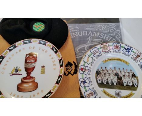 CRICKET, selection, inc. ceramic plates (3), Ashes Centenary, Notts Champions 1981 &amp; 1987; equipment, hats (2) &amp; caps