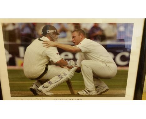 CRICKET, signed large colour print, The Spirit of Cricket Ashes 2005, by Andrew Flintoff, showing him consoling Brett Lee aft