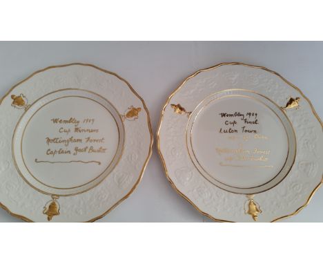 FOOTBALL, a pair of ceramic plates for 1959 FA Cup Final, gilt hand-writing to centre "Wembley 1959 Cup Final, Luton Town, ca