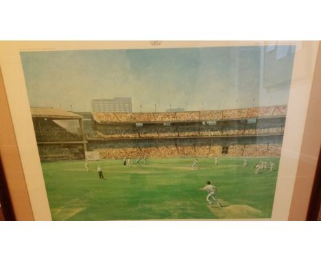CRICKET, signed colour print, Melbourne Cricket Ground, signed to white edges by 10 players from Centenary test, inc. Underwo
