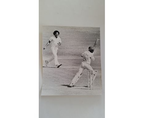 CRICKET, press photo, India v Pakistan, at Jalandhar, Sep 1983, showing Gaekwad (201) batting off Tahir, 6.5 x 8.5, hand-writ