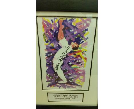 CRICKET, signed colour print by Andrew Flintoff, full-length celebrating after taking his first 5-for, v West Indies (2004), 