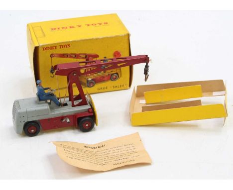 French Dinky Toys No. 50 Grue Salev Crane Truck comprising a two-tone grey &amp; dark red body, jib, and wheel hubs, yellow a