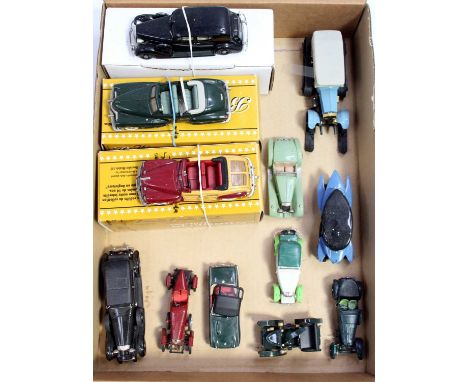 One tray containing 12 various mainly 1/43 scale white metal and resin factory and kit built models to include a Brooklin Col