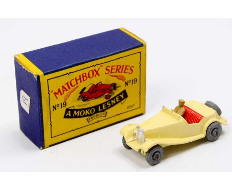 Matchbox Lesney No. 19 MG TD Sports Car in cream with red seats and driver figure - model has a couple of small nicks to the 