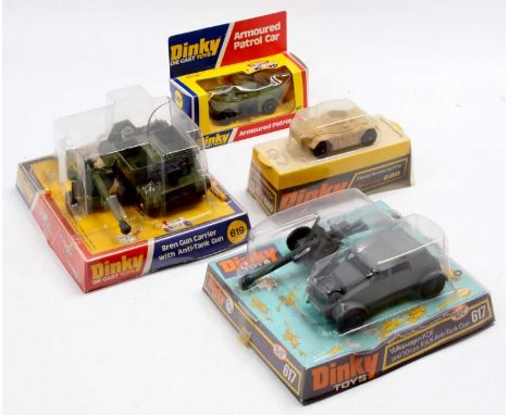 Four various Dinky Toy military diecasts to include a No. 617 Volkswagen KDF with anti-tank gun, a No. 619 Bren gun carrier w