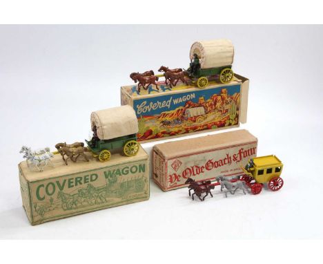 A collection of various lead hollow cast horse-drawn miniatures to include a Charbens series horse-drawn wagon, an MCP De Old