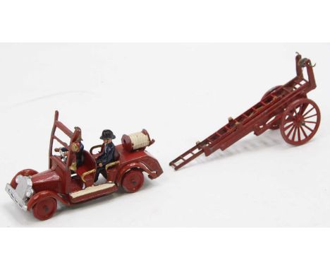 A Taylor and Barrett Fire Engine with wheeled fire escape, red engine, with red wheels, white running board steps &amp; hose,
