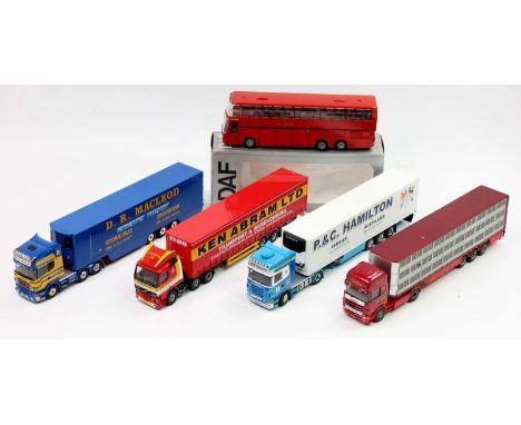 Tekno and Lion Cars 1/50th scale road haulage group of 5 including a Tekno Volvo FH12 Curtainsider in Ken Abram livery, a Sca