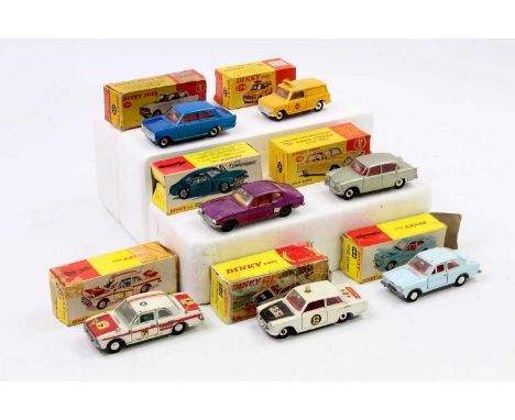 Dinky Toys boxed model group of 7, with examples including No. 212 Ford Cortina Rally Car, No. 145 Singer Vogue, No. 274 AA M