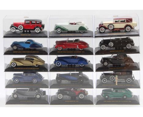 15 plastic cased Ixo 1/43 scale modern release diecasts to include a Duzenberg SSJ 1933, a Mercedes Benz SS 1933, together wi