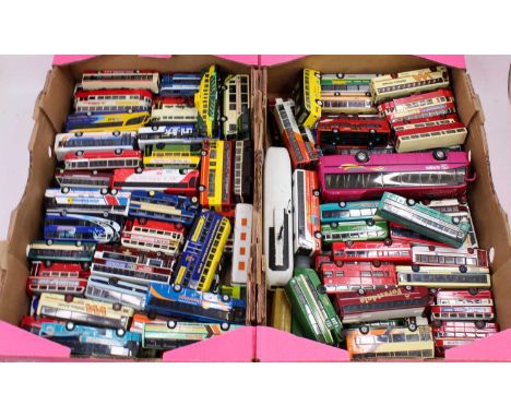 Two trays containing a large collection of mixed scale loose public transport diecasts, to include Corgi Original Omnibus, EF