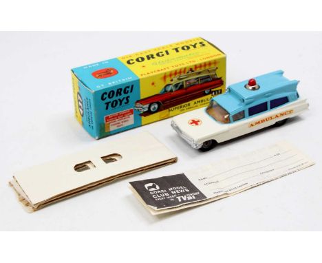 Corgi Toys No. 437 Cadillac Superior Ambulance, light blue over white body with Ambulance to sides, red cross on bonnet, with