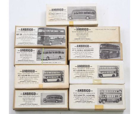 One tray containing nine various boxed Anbrico 00 scale/1/76 scale white metal public transport kits to include an AEC Mk3 We