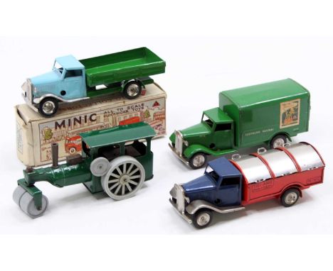 Triang Minic tinplate clockwork model group of 4 comprising a Delivery Van in green with 'Southern Railway' livery, a Dust Ca