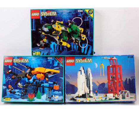 Lego System vintage boxed set group of 3 comprising No. 6339 Launch Command Shuttle, No. 6180 Hydronaughts Search Sub, and No