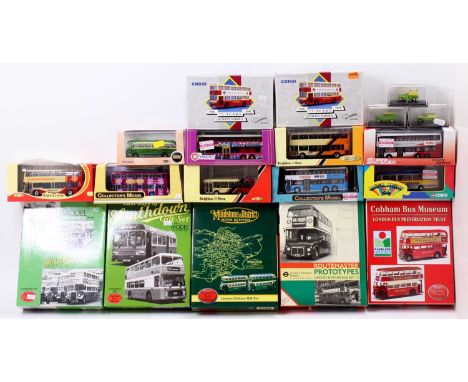 A collection of EFE, Corgi Toys, and Creative Master Models 1/76th scale model buses, with examples including a Corgi Toys No