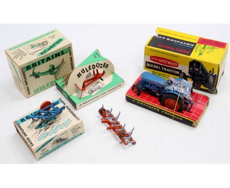 A small collection of part boxed Britains Farming models comprising a Fordson Super Major Tractor, a Muledozer, a Three Furro