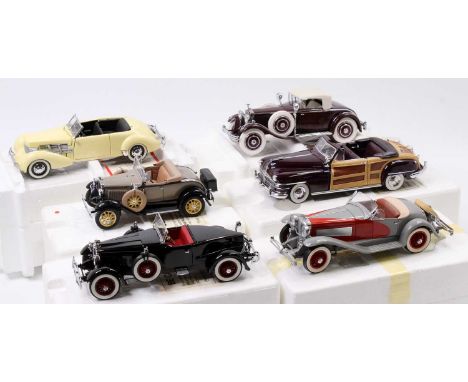 Six various Franklin Mint 1/24 scale diecast vehicles to include a 1937 Chord 812 Pheton Coupe, a 935 Duzenberg SSJ, a 1925 H