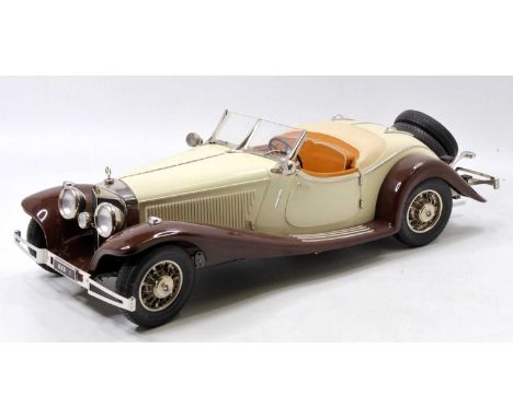 Pocher 1/8th Scale kit built model of a 1935 Mercedes 500K Cabriolet - off white with tan leather interior and chrome trim, l