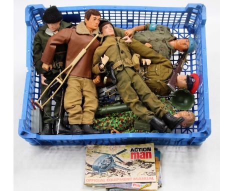 Collection of 6 various Palitoy Action Man Dolls, all clothed and sold with a range of loose clothing, accessories, and weapo