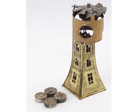 Tinplate early 20th century model of a hor ait powered light house, candle powered via height rising to spin the top section 