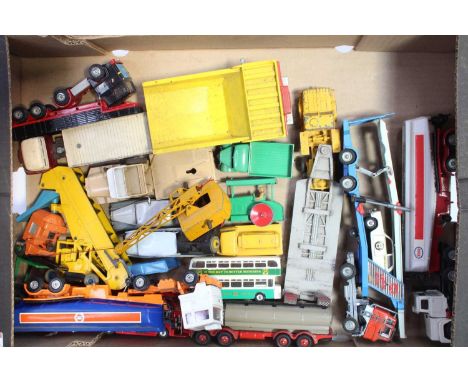 One tray of various Dinky Toy, Corgi Toy, and Spot-on, loose and playworn and some overpainted diecast vehicles to include a 