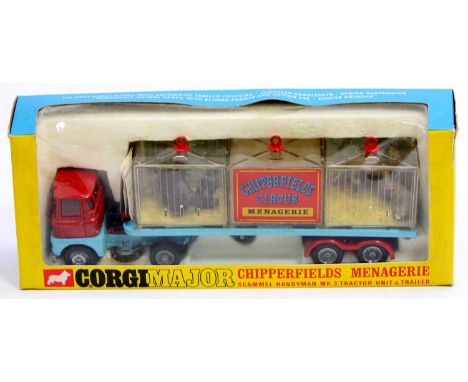 Corgi Toys No.1139 "Chipperfields Circus" Scammell Handyman Menagerie, finished in red, blue, cast hubs with 3 x Animal Cages