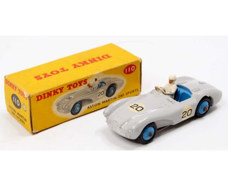 Dinky Toys, 110 Aston Martin DB3 Sports in light grey with mid-blue interior and wheels, No.20, all card box (VG-BVG)