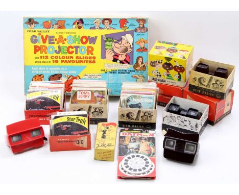 One box containing a large collection of various Viewmaster handsets and stereo photos together with a Chad Valley projector 