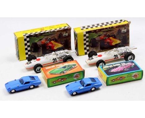 Laurie Toys and Wiltch Toy Makers, boxed plastic race car group, 4 examples