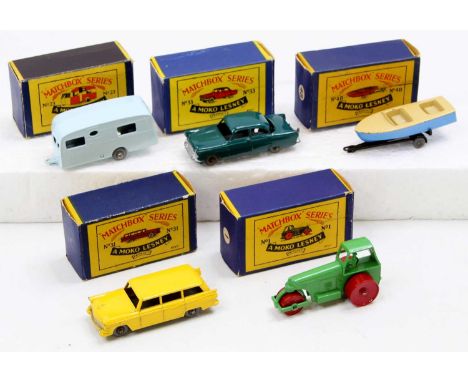 Matchbox Lesney boxed model group of 5 comprising No. 31 Ford Station Wagon, No. 33 Ford Zodiac, No. 23 Berkeley Caravan, No.