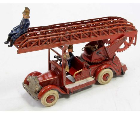 A Taylor &amp; Barrett Turntable Fire Escape comprising an orange/red body, with white running boards and rear step, gold tri