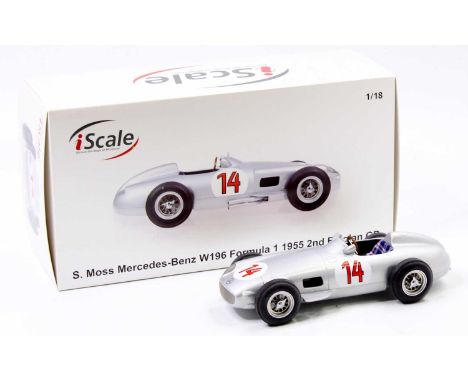 An i-Scale 1/18th scale model of a Mercedes Benz W196 Formula 1 1955 2nd Belgian GP as driven by Sterling Moss, as issued in 