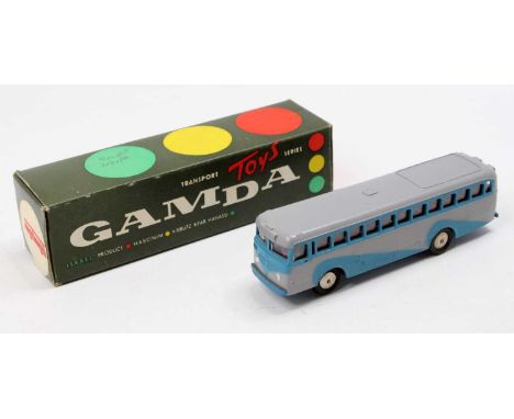 Gamda Toys Israel single deck Coach comprising a two-tone blue &amp; grey body, with a red interior, and spun hubs, sold in t