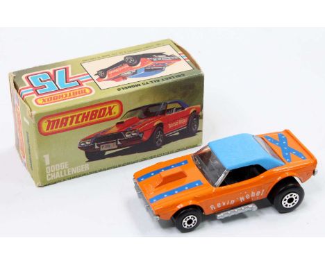 Matchbox Lesney Superfast No. 1 Dodge Challenger comprising an orange body, with blue stars printing &amp; 'Revin Rebel', a b